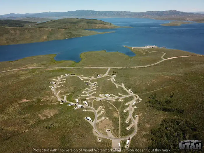 Drone photo of a campground near a lake